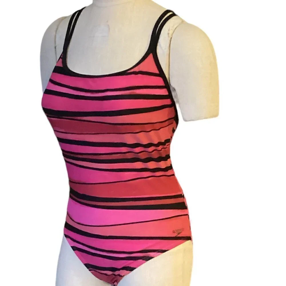 Speedo Striped One-Piece Swimsuit Cross Strap‎ Girls Sz 10 Pink Red Black #170J
